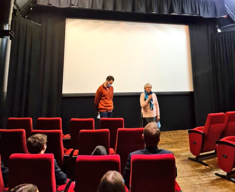 Image of Clare Apel and Toby Latham at the front of the New Park Cinema